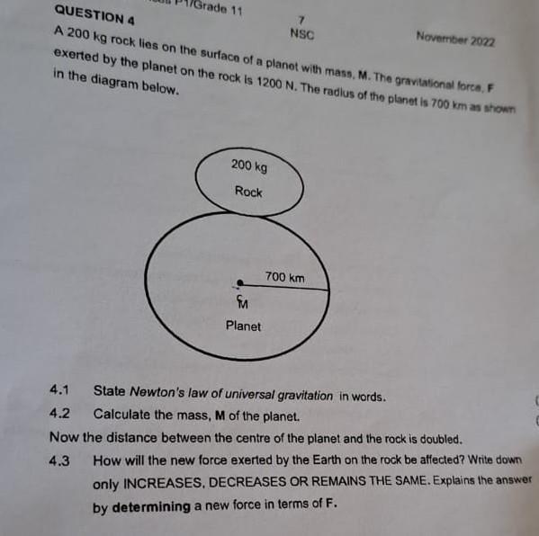 QUESTION 4 A 200 Kg Rock Lies On The Surface Of A Planet With Mass, M. The Gravitational Force, F Exerted