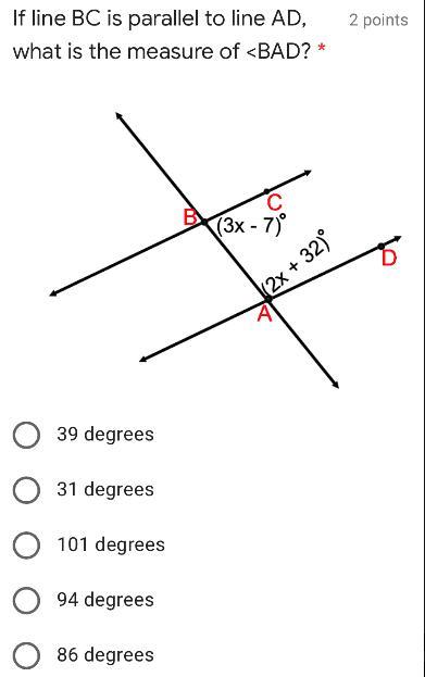 If Like Bc Is Parallel To Line AD What Is The Measure Of BAD