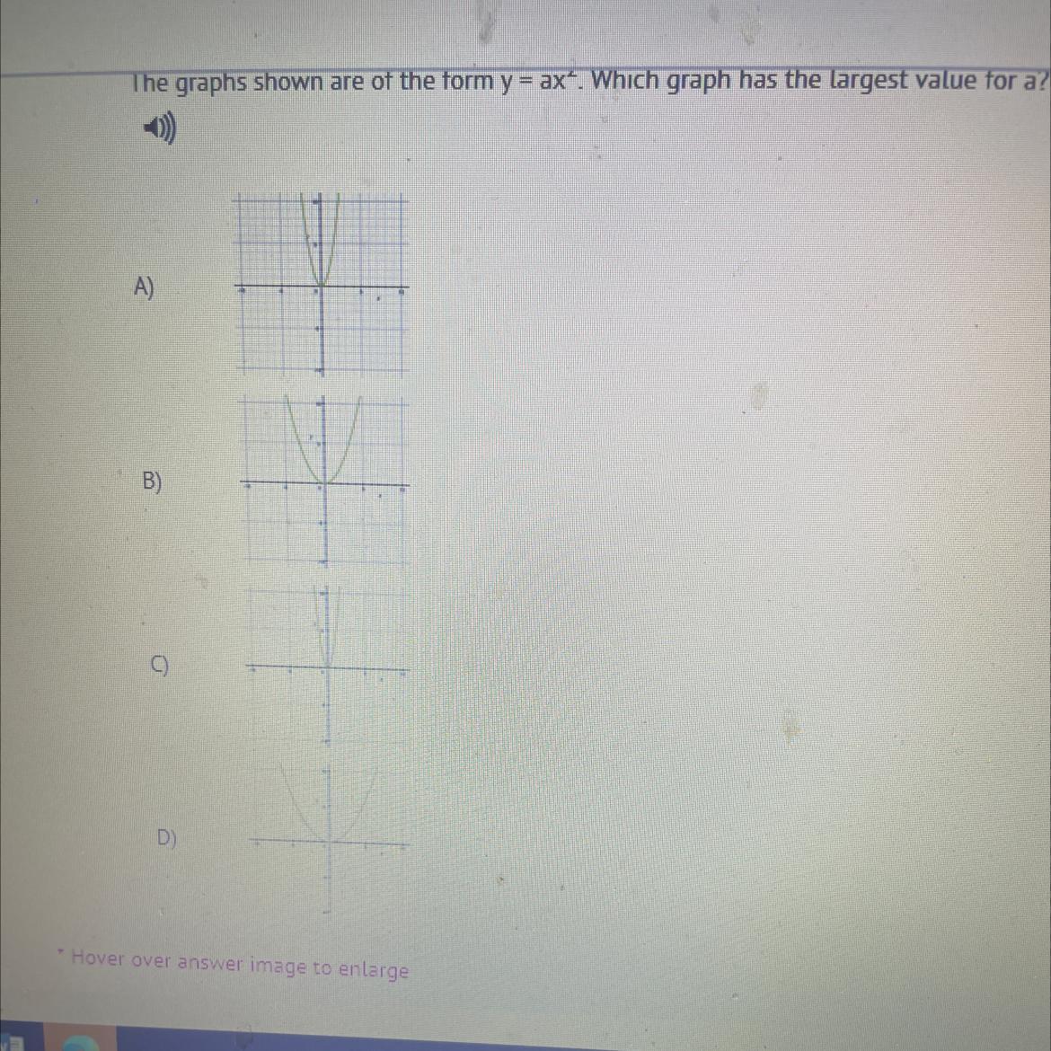 The Graphs Shown Are Of The Form Y = A * X ^ 2 Which Graph Has The Largest Value For A?