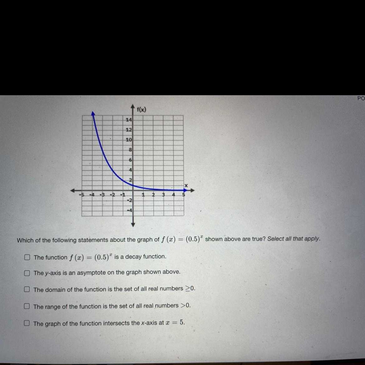 Which Of The Following Statements About The Graph Of F (x)=(0.5)^x Shown Above Are True? Select All That