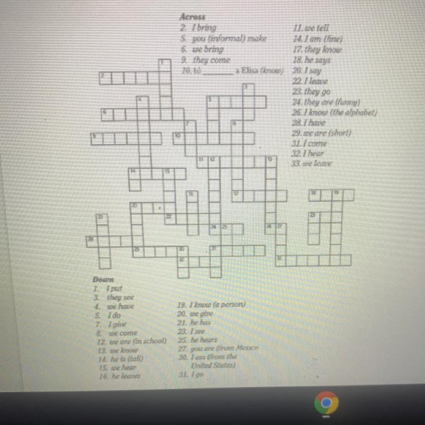 Conjugate The Following Verbs In The Present Tense. They Are ALL Irregular "Yo Verbs,Across2. I BringSo