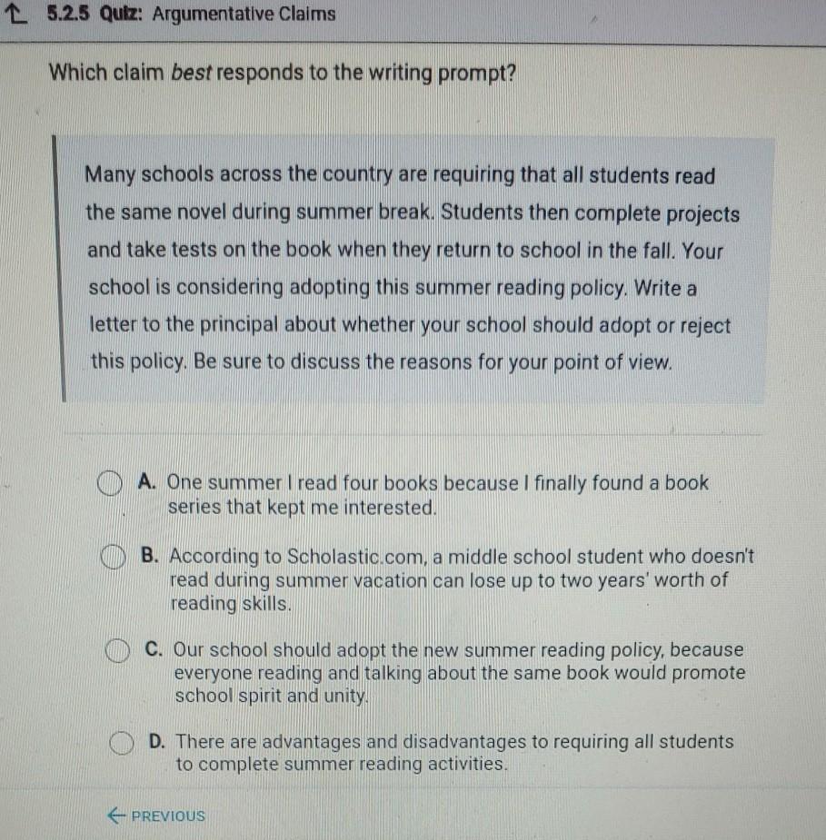 Question 4 Of 5 Which Claim Best Responds To The Writing Prompt? Many Schools Across The Country Are