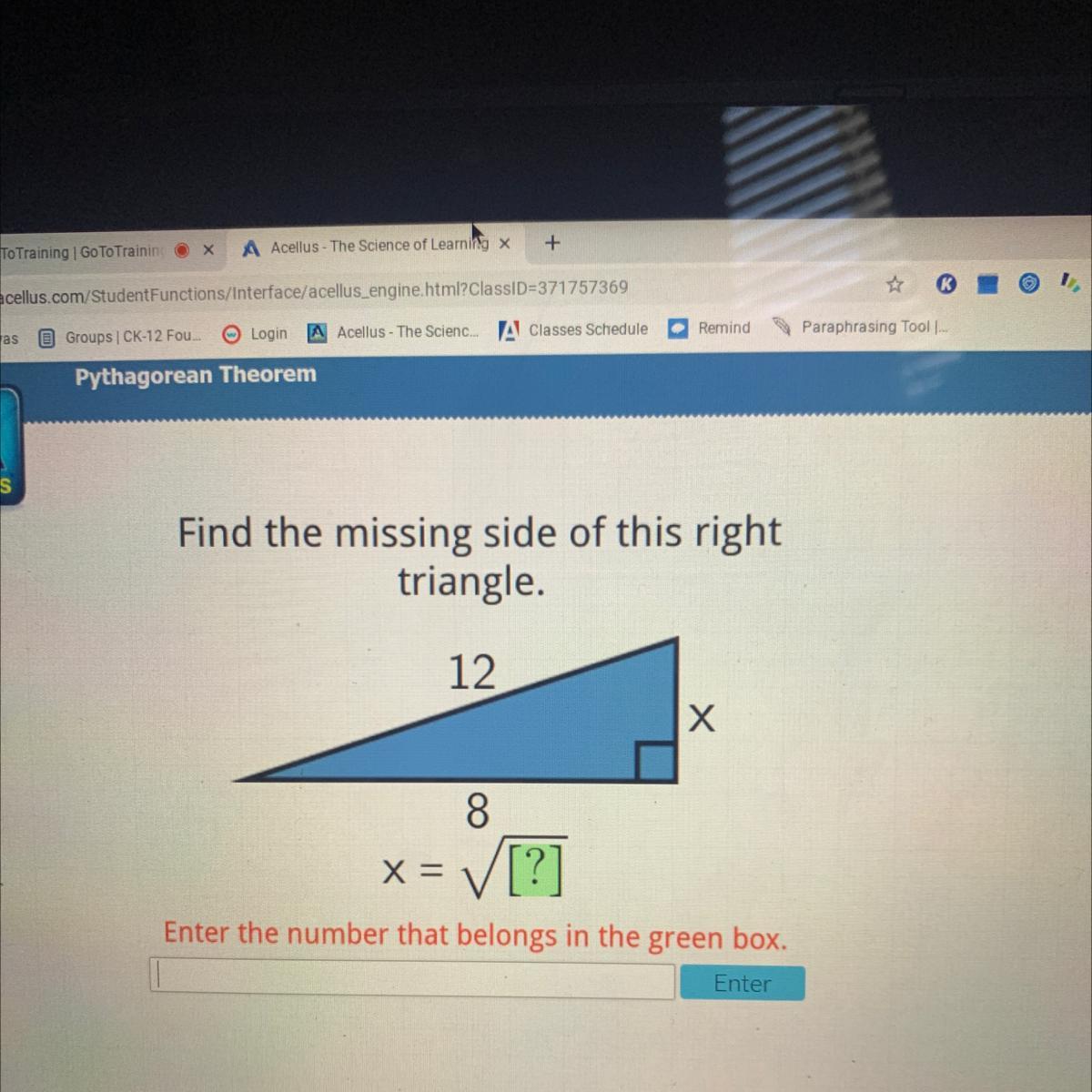 Find The Missing Side Of This Righttriangle.12x8