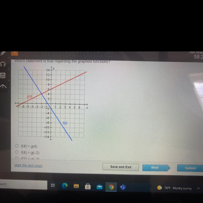 Which State Ment Is True Regarding The Graphed Function F(4)= G(4) F(4)= G(-2)F(2)= G(-2)F(-2)= G(-2)