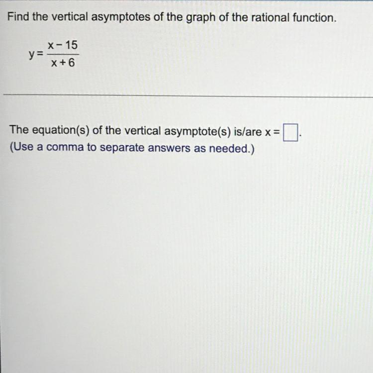 Find The Vertical Asymptotes Of The Graph Of The Rational Function. Y= X-15 / X + 6 The Equation (s)