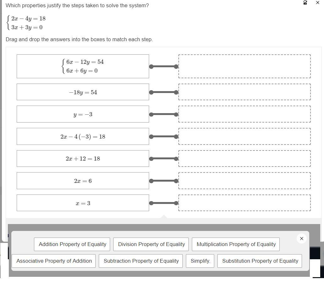 Please Help Me With This Problem:Which Properties Justify The Steps Taken To Solve The System?{2x4y=183x+3y=0Drag